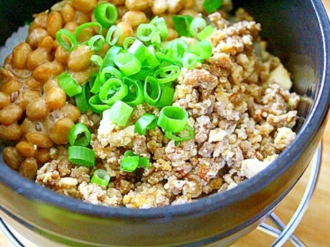 挽肉と豆腐のそぼろと納豆の丼